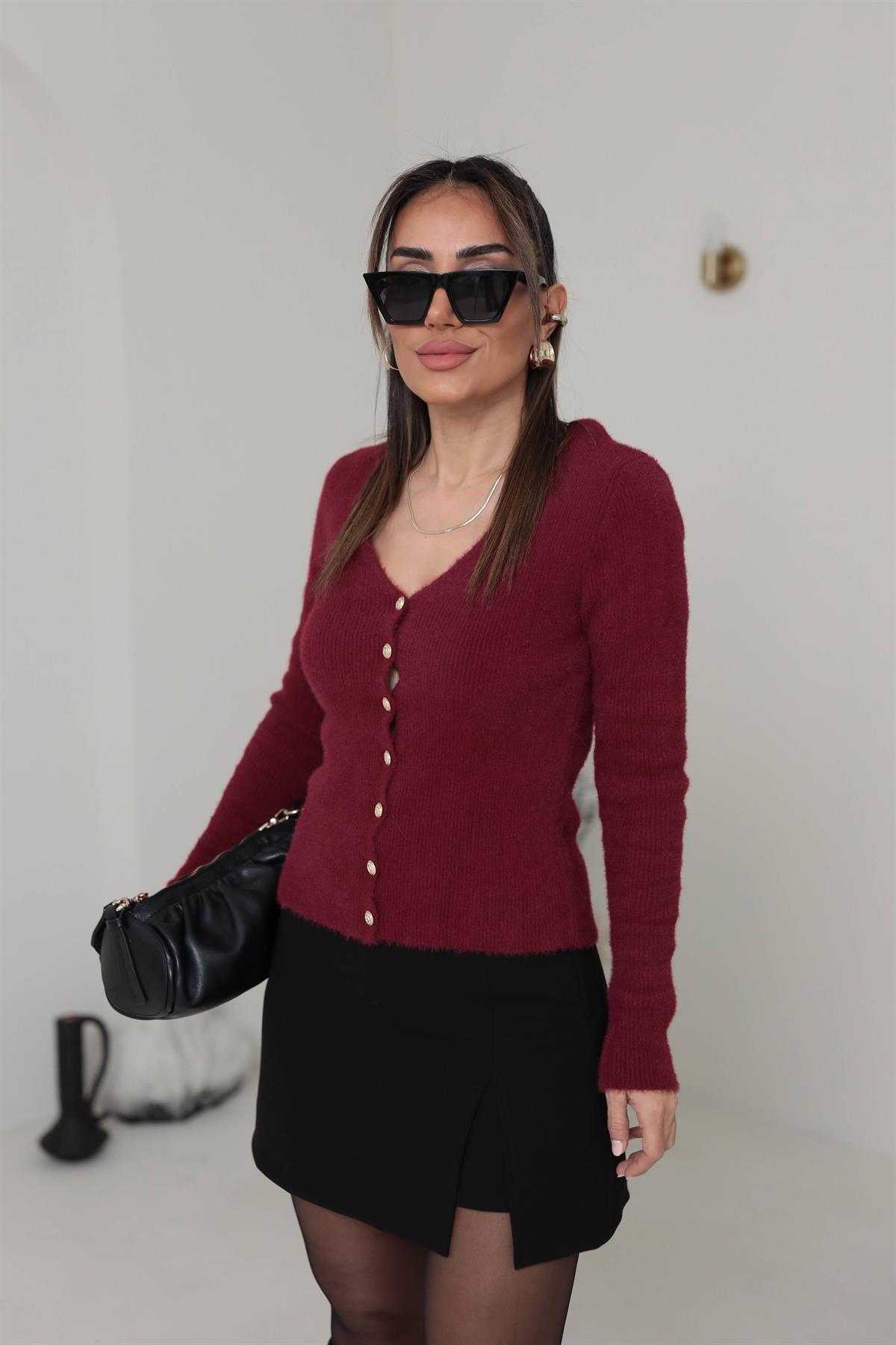 540K V Yaka Mini Düğmeli Yumoş Hırka BORDO