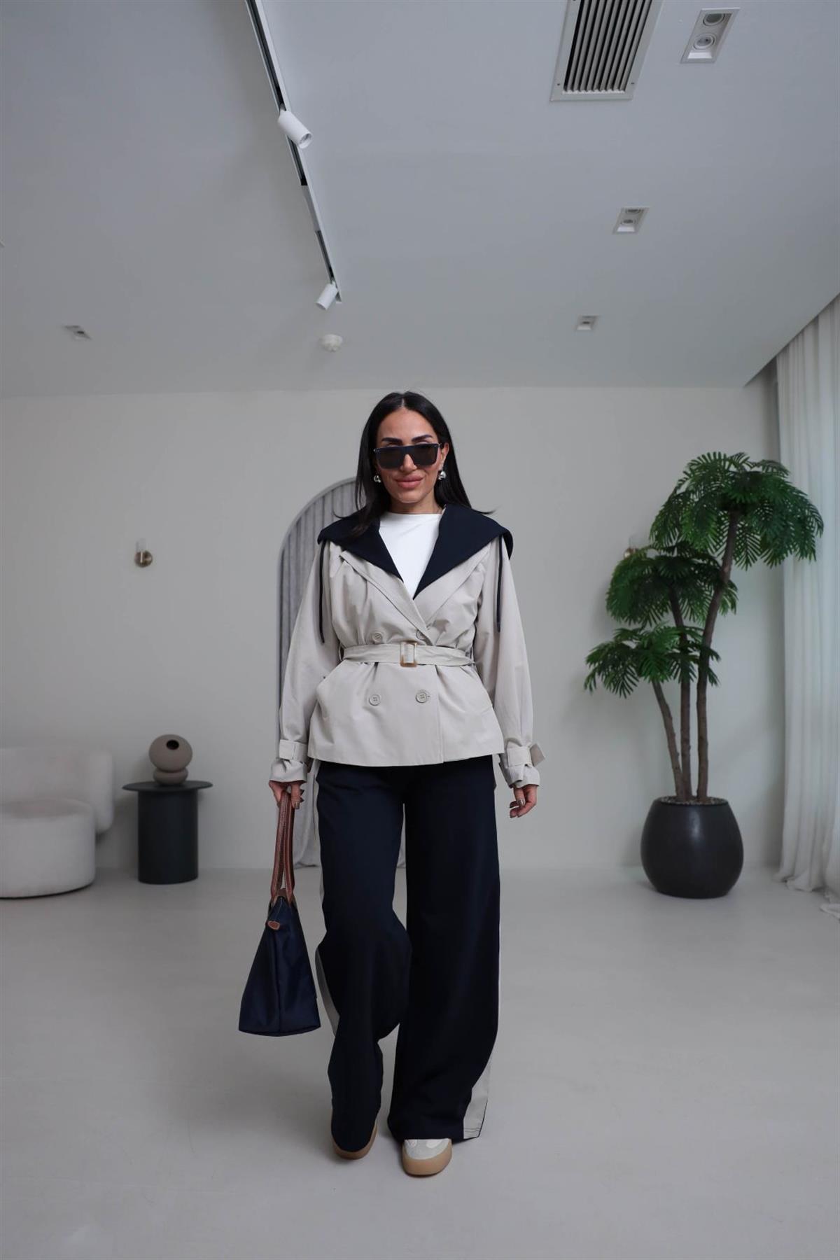 6984 Çıkarılabilir Kapşonlu Trençli Eşofman Takımı BEJ