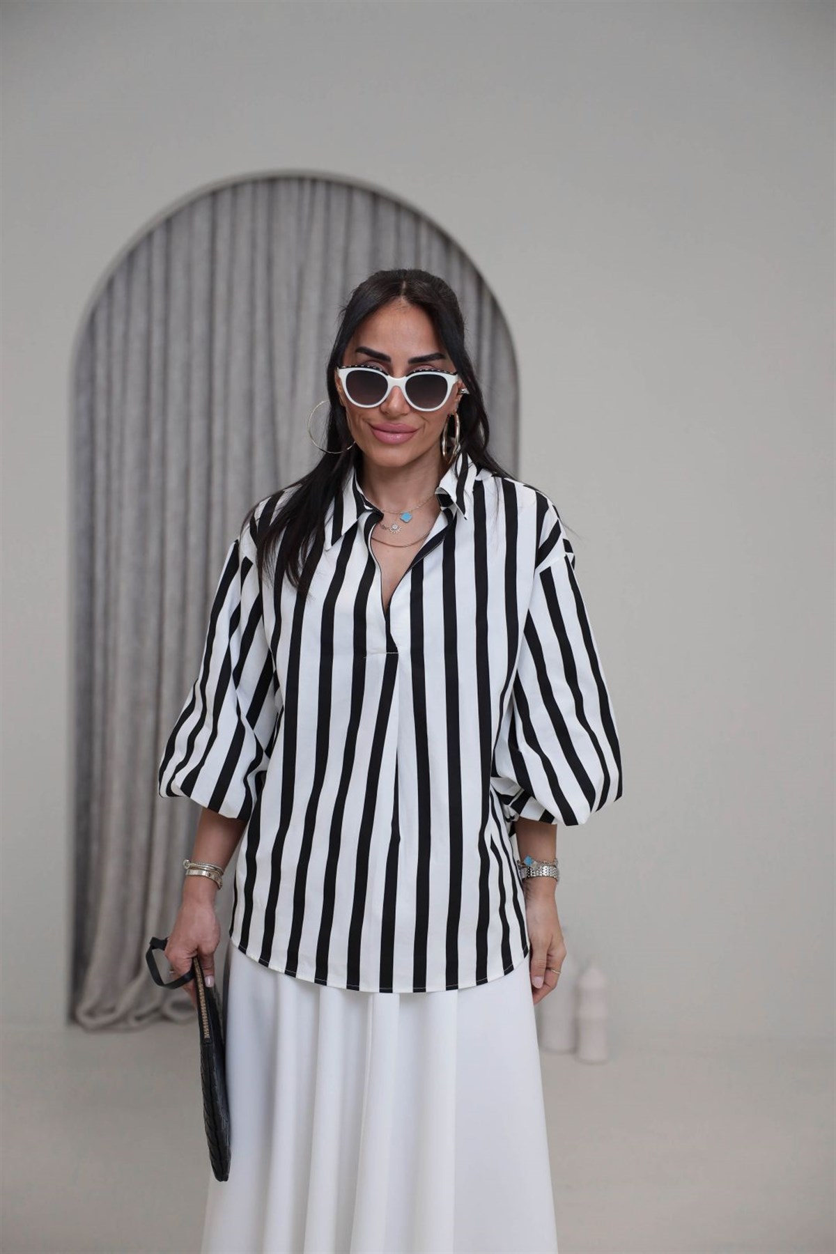 2288 Gömlek Yaka Balon Kol Çizgili Poplin Bluz SİYAHBEYAZ