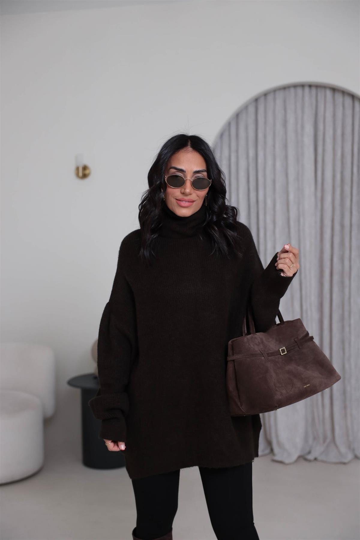 2268 Balıkçı Yaka Uzun Kazak KOYU KAHVE