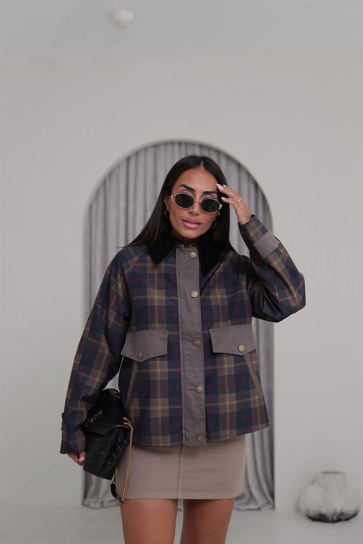 0209 Haki Ekose Kadife Yaka Ceket HAKİ YEŞİL