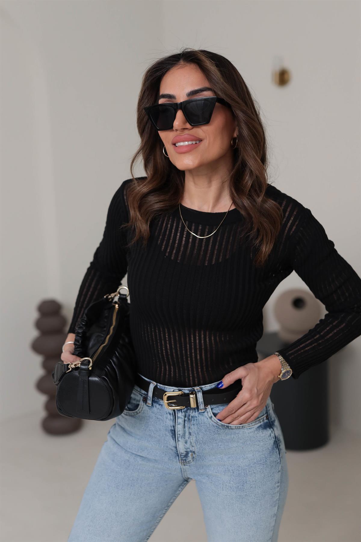 Transparan Detaylı Bluz SİYAH