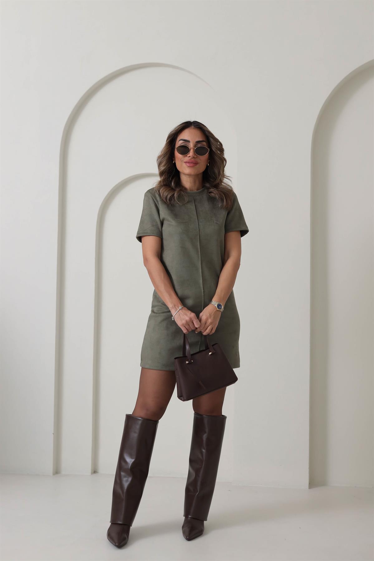 0196 Ön Dikiş Detay Süet Elbise HAKİ YEŞİL