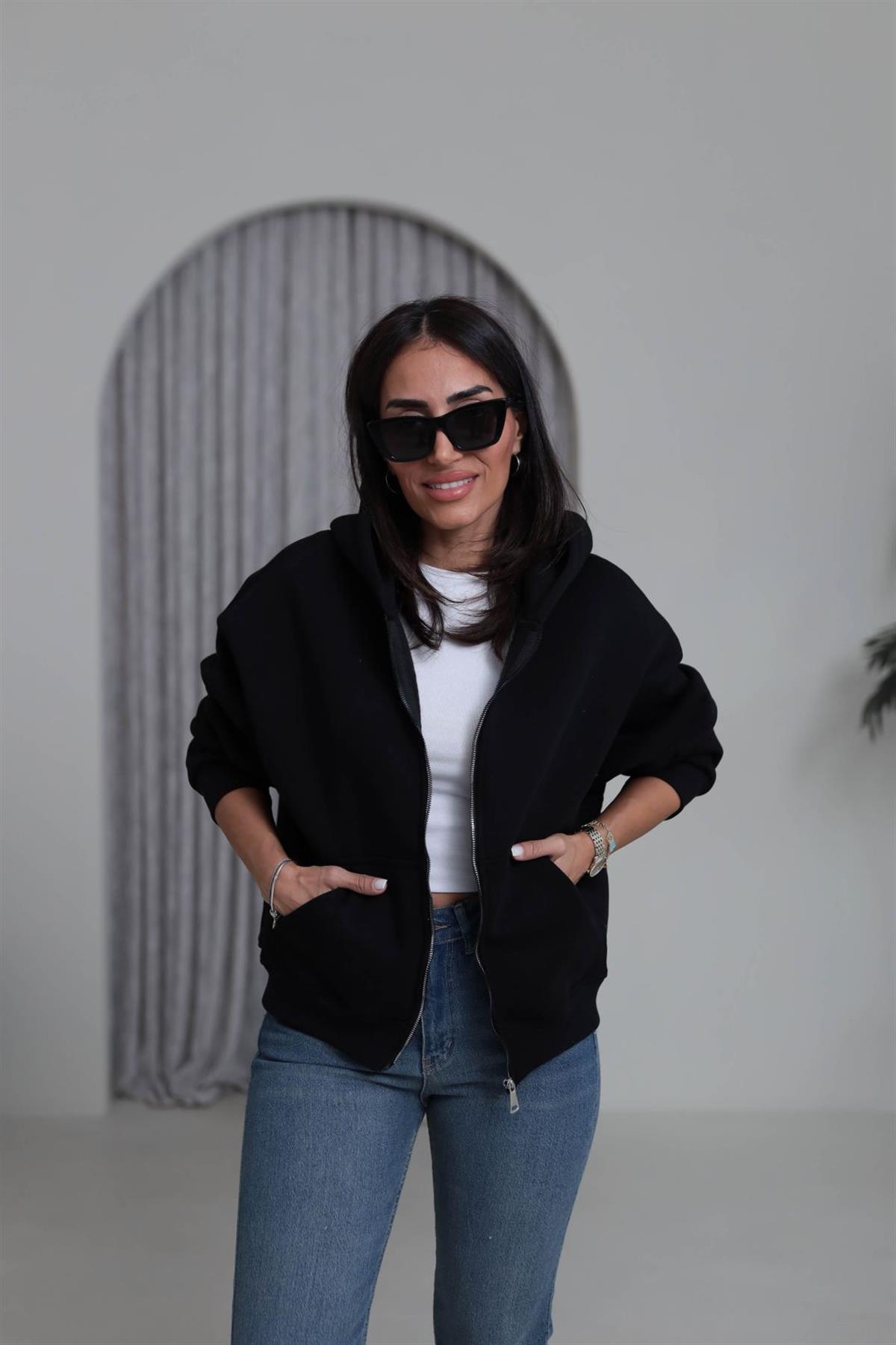 0822 Kapüşonlu Fermuarlı Şardonlu Sweatshirt SİYAH