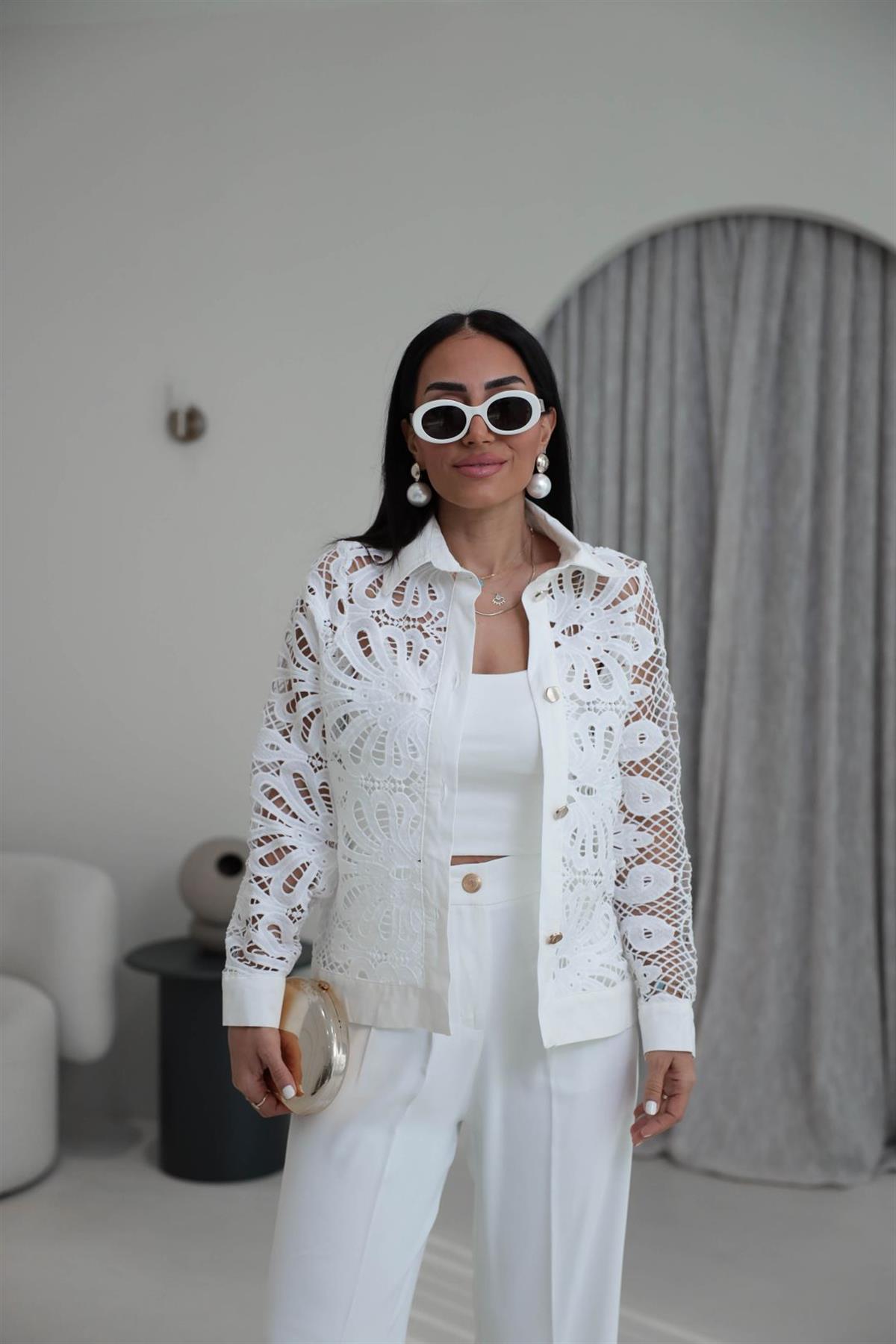 7201 Gold Düğmeli Poplin Garnili Dantelli Ceket EKRU