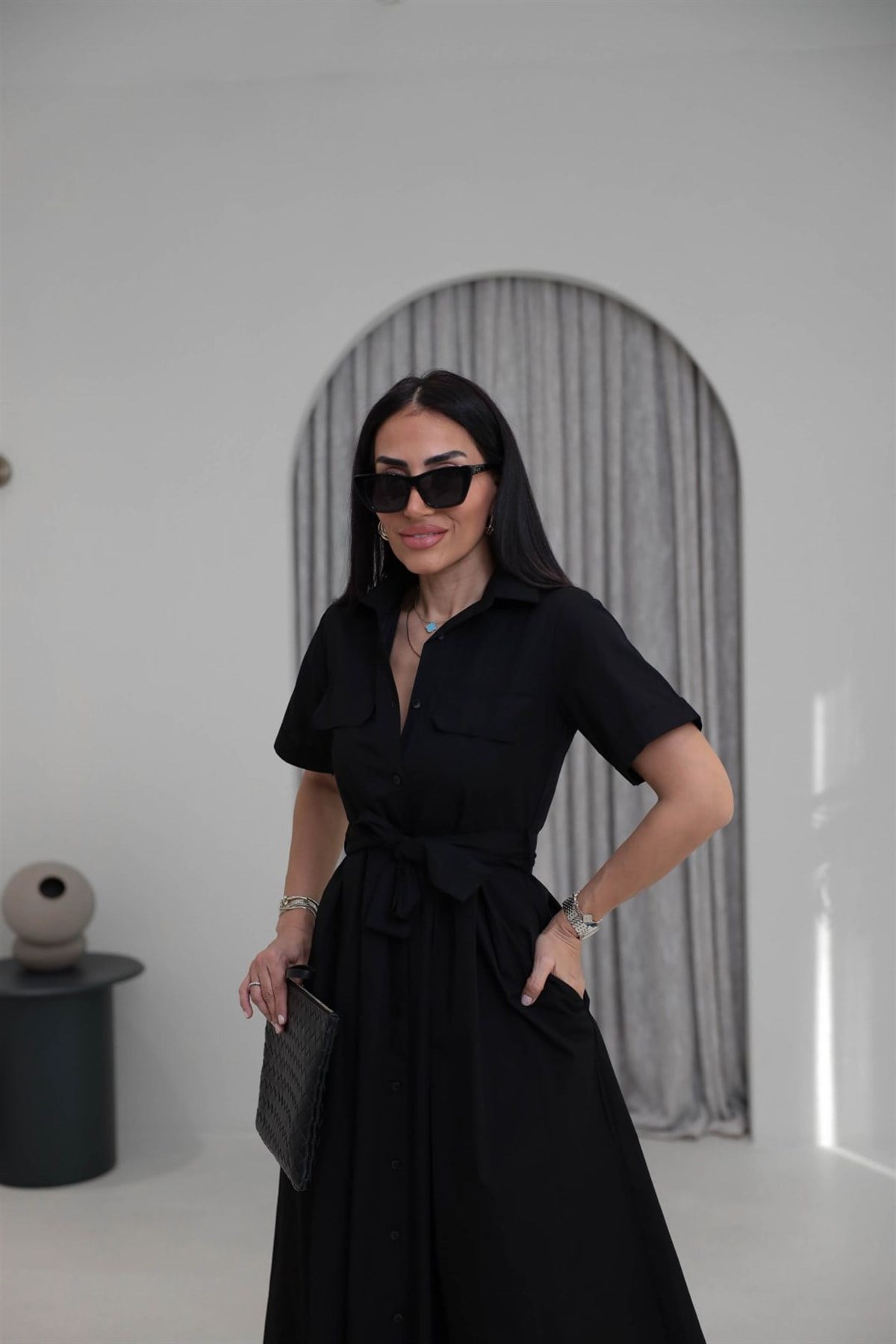 0165 Cep Kapaklı Kuşaklı Kısa Kol Kloş Elbise SİYAH