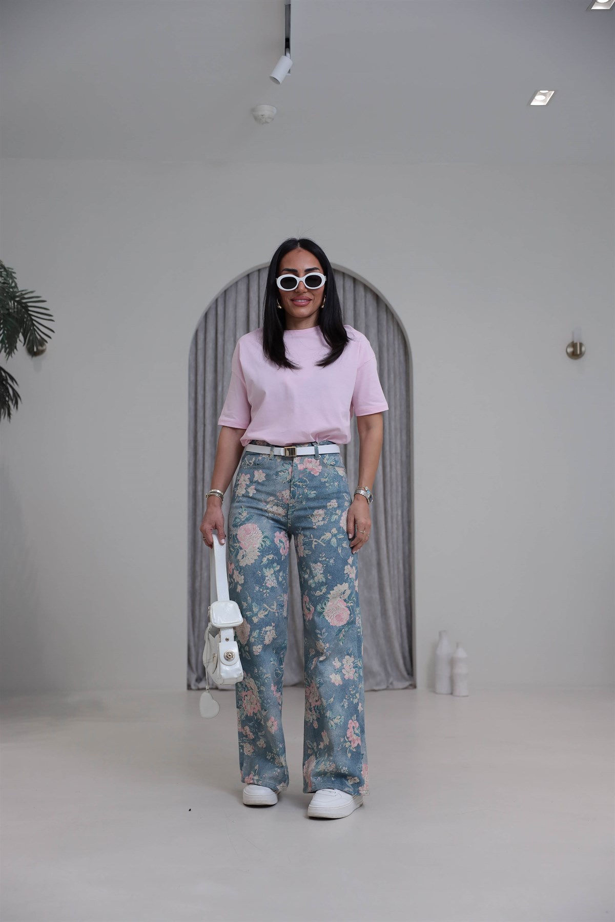 1033 Çiçek Desenli Yüksek Bel Kot Pantolon MAVİ