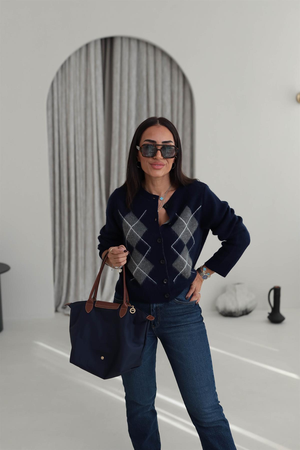 5263 Bisiklet Yaka Baklava Desen Massi Hırka LACİVERT