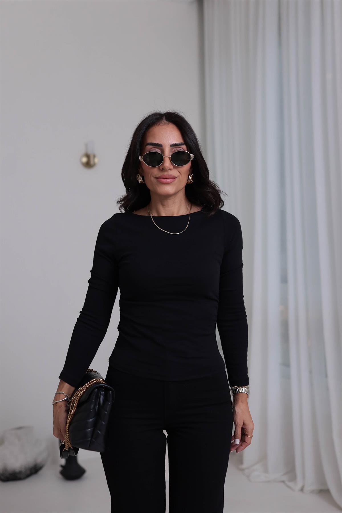 1401 Kayık Yaka Büzgülü Uzun Kollu Bluz SİYAH