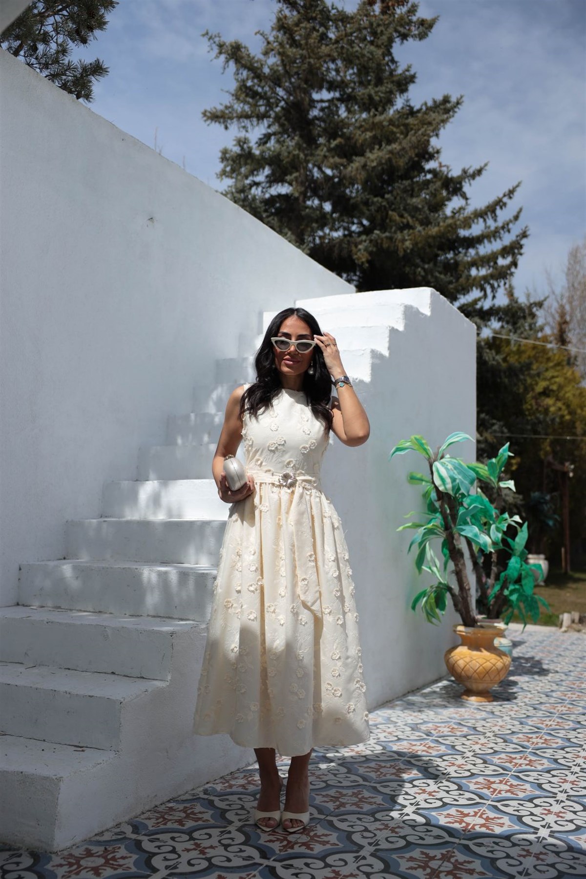 9596 İşleme Detaylı Kemerli Elbise AÇIK SARI