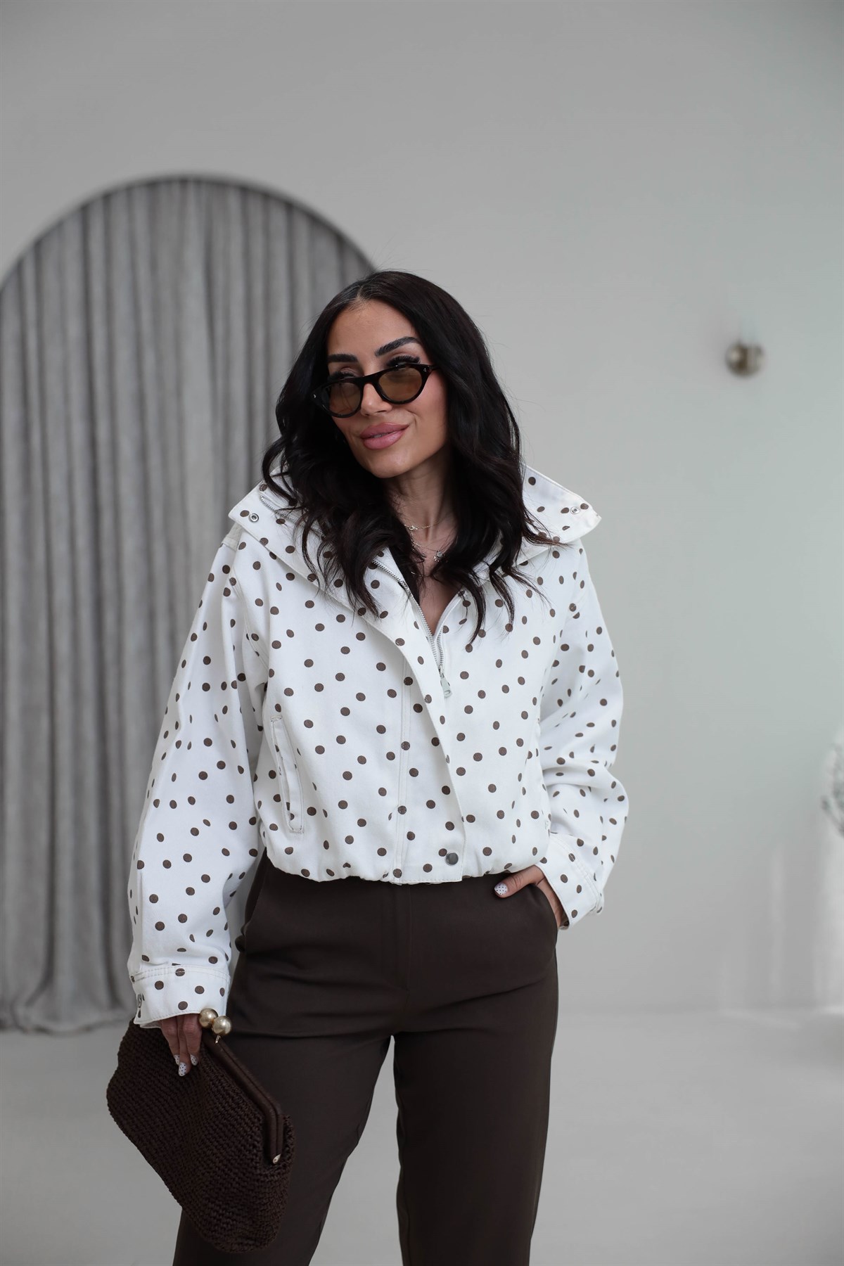 0967 Puantiyeli Önden Fermuarlı Bomber Ceket KAHVE