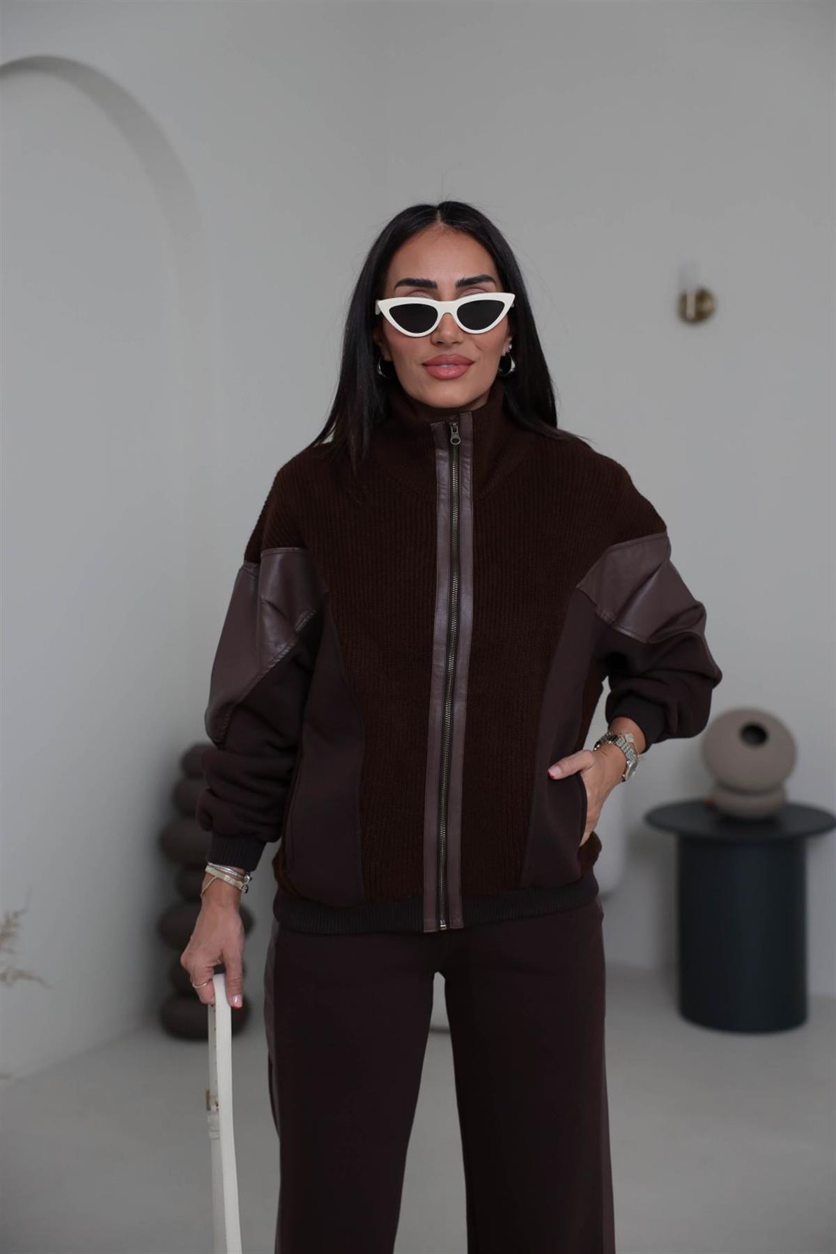 6961 Triko Deri Garnili Tasarım Takım KAHVE