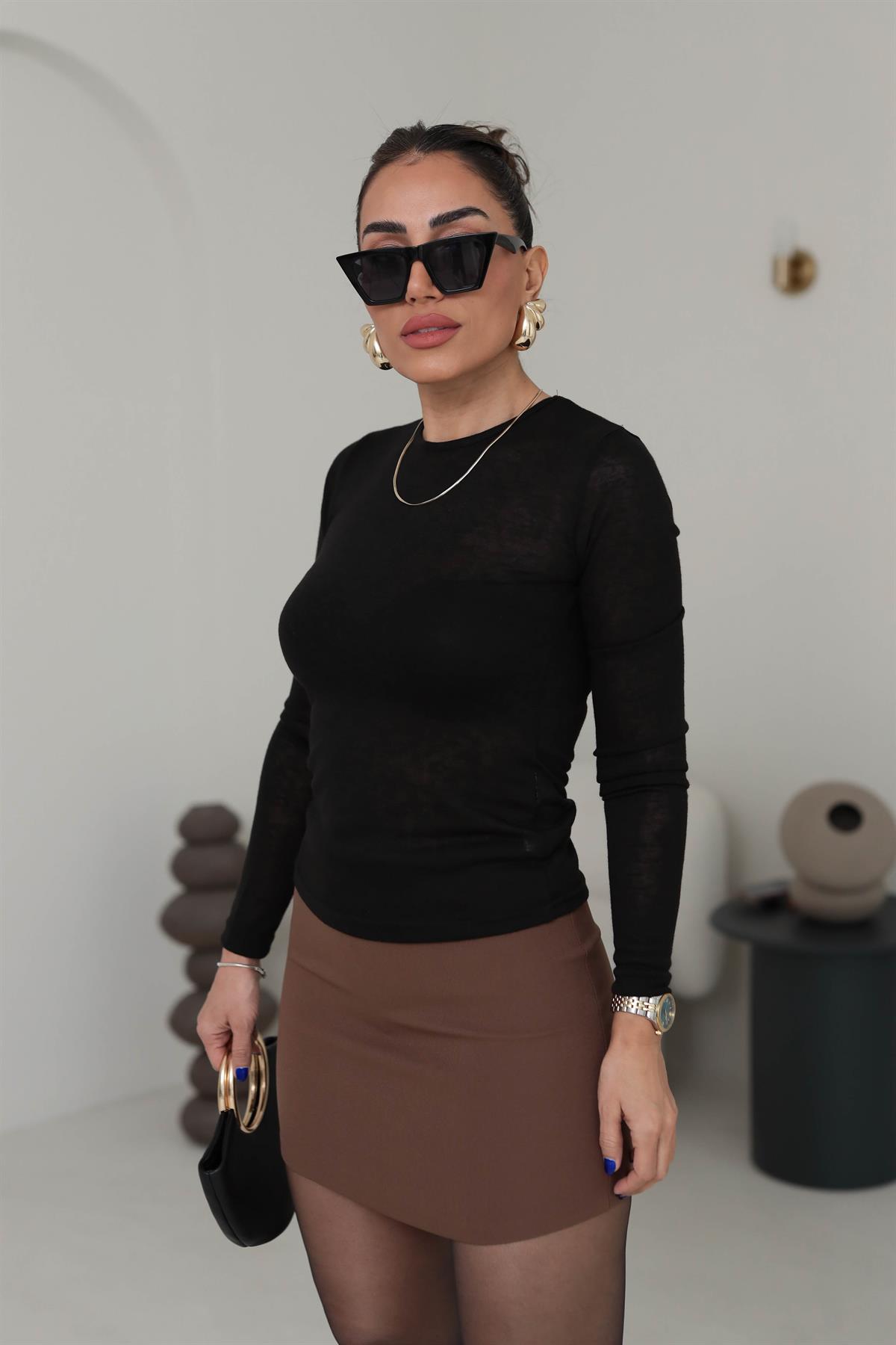 1091 Bisiklet Yaka Transparan Bluz SİYAH