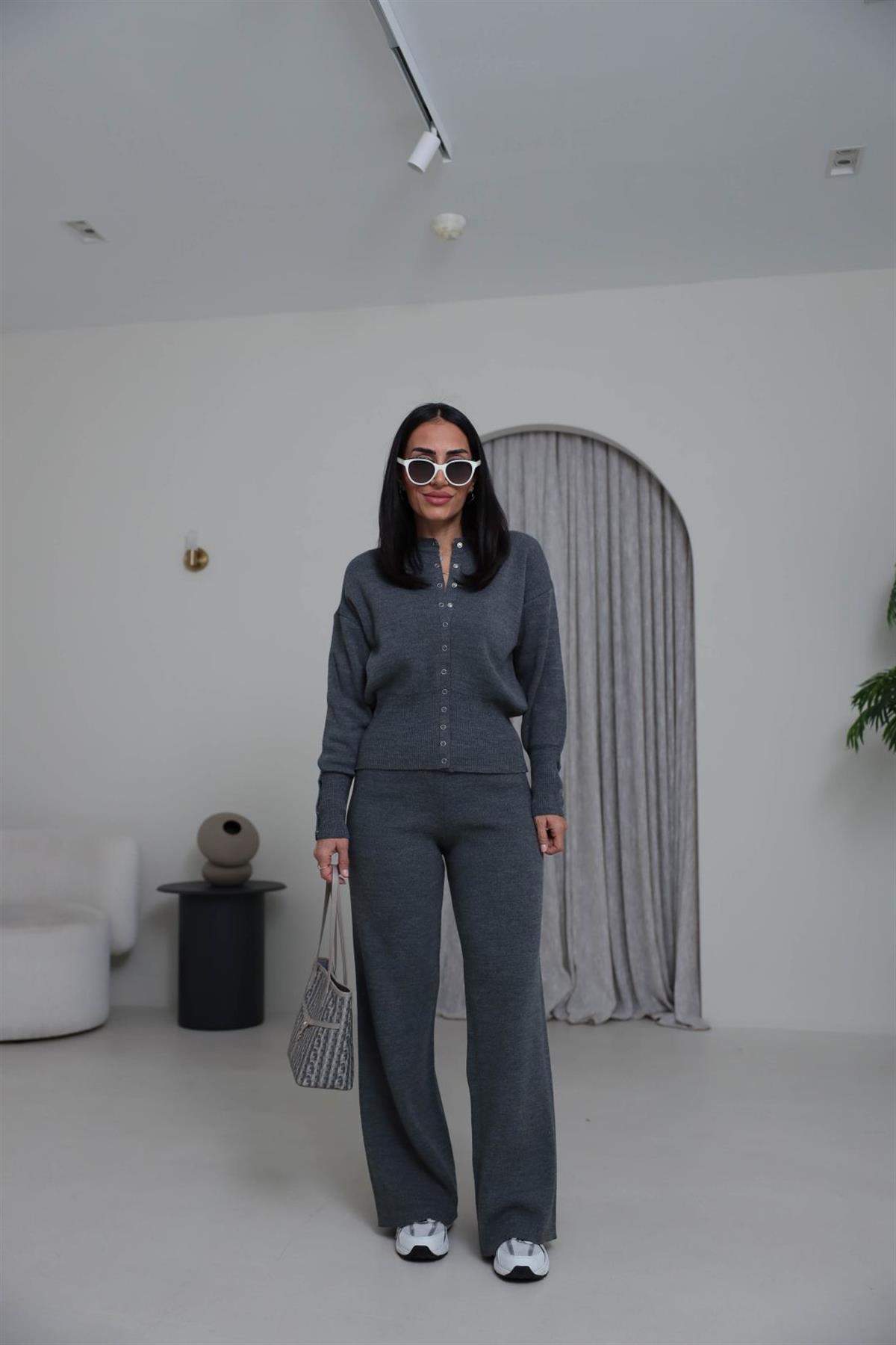 0129 Bisiklet Yaka Çıtçıt Detaylı Triko Takım KOYU GRİ