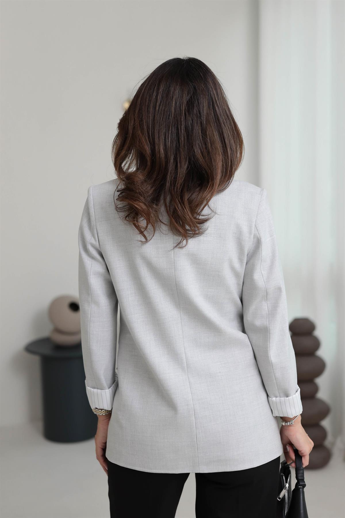 8644 Kol Katlamalı Çizgili Astarlı Premium Blazer Ceket AÇIK GRİ