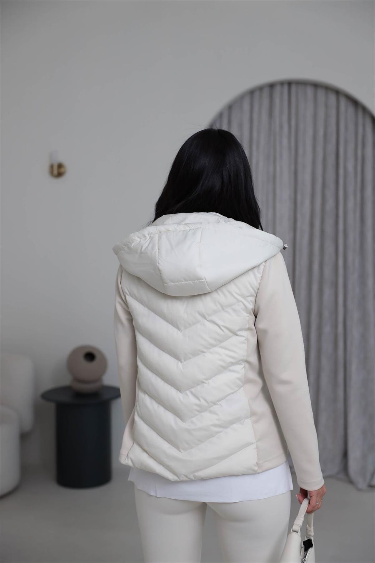 118 Kapşonlu Fermuarlı Hybrid Mont KREM