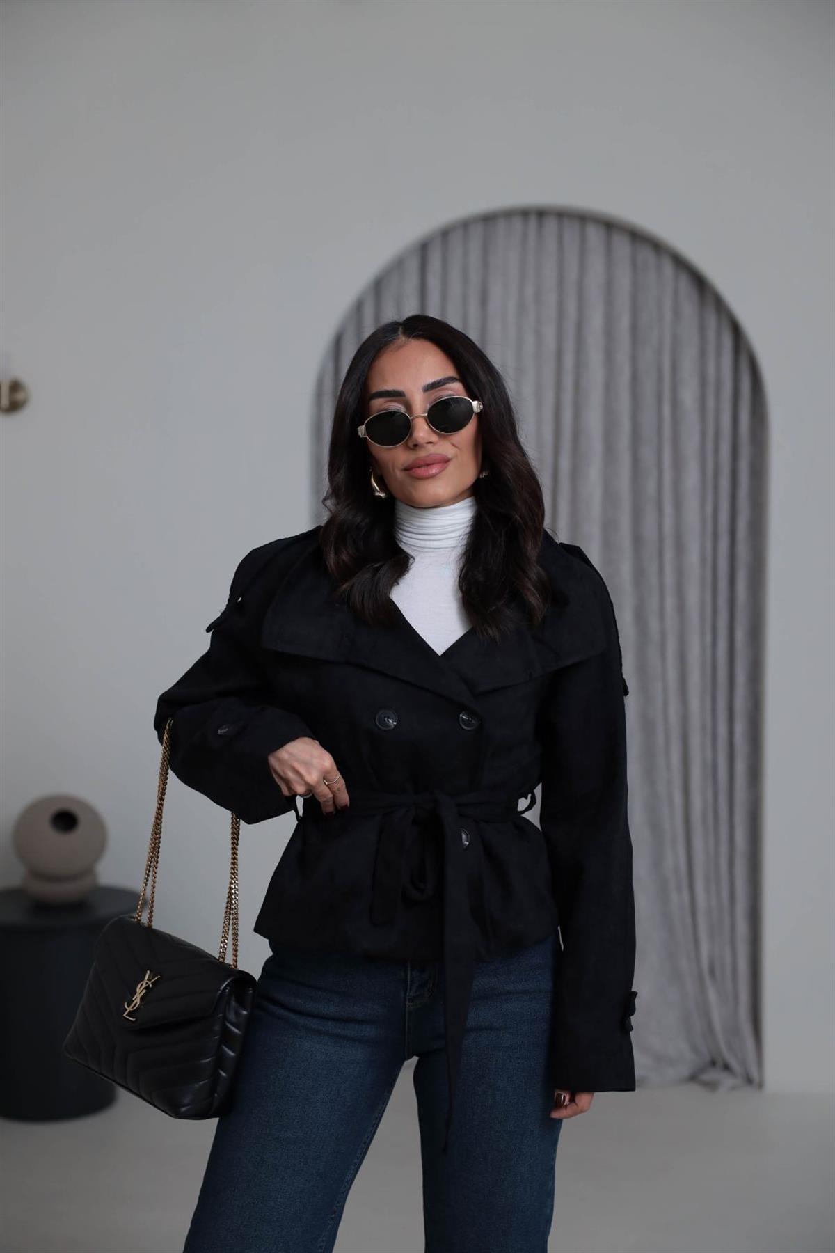 8437 Dik Yaka Kuşaklı Süet Ceket SİYAH