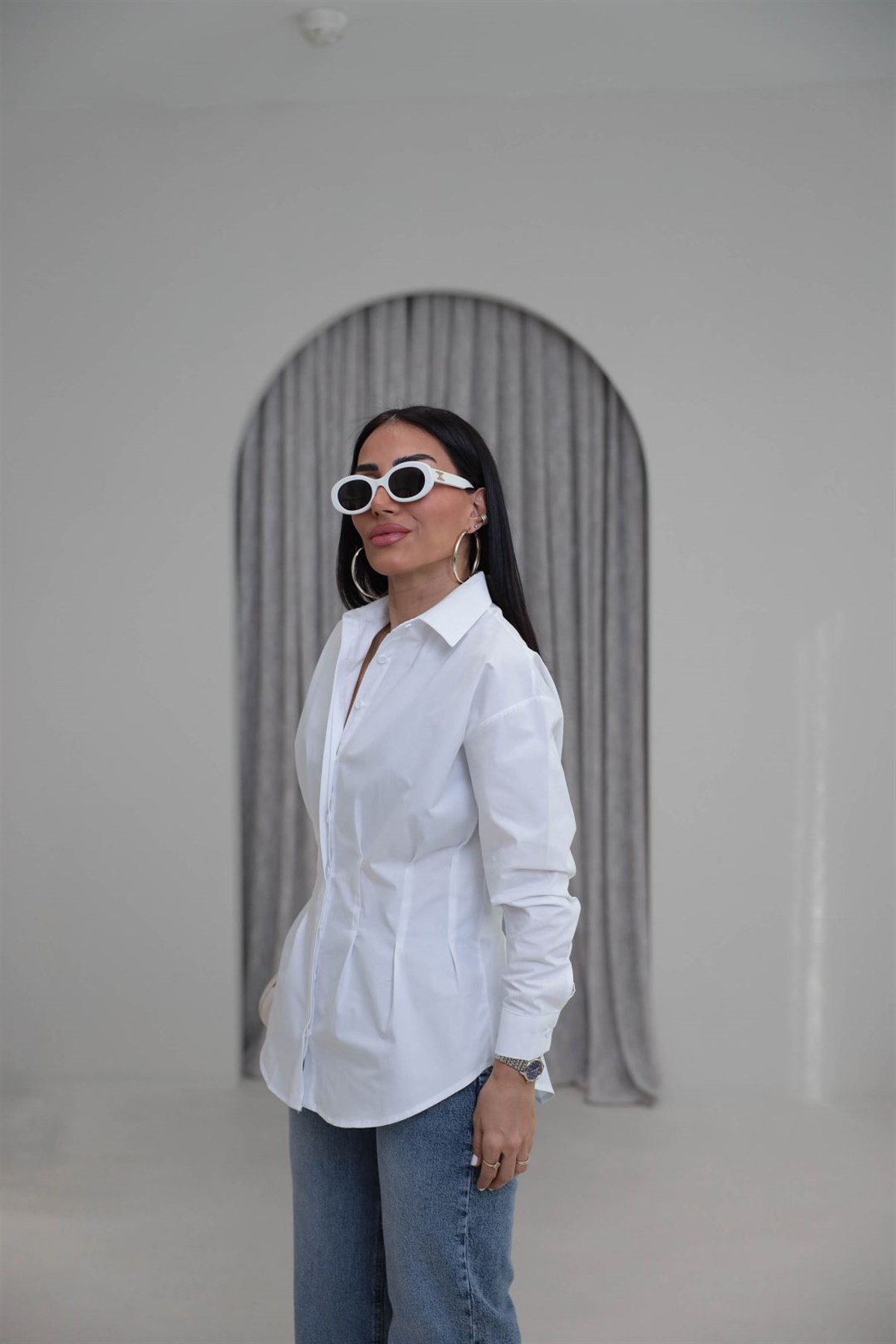 3013 Belden Oturtmalı Poplin Gömlek BEYAZ