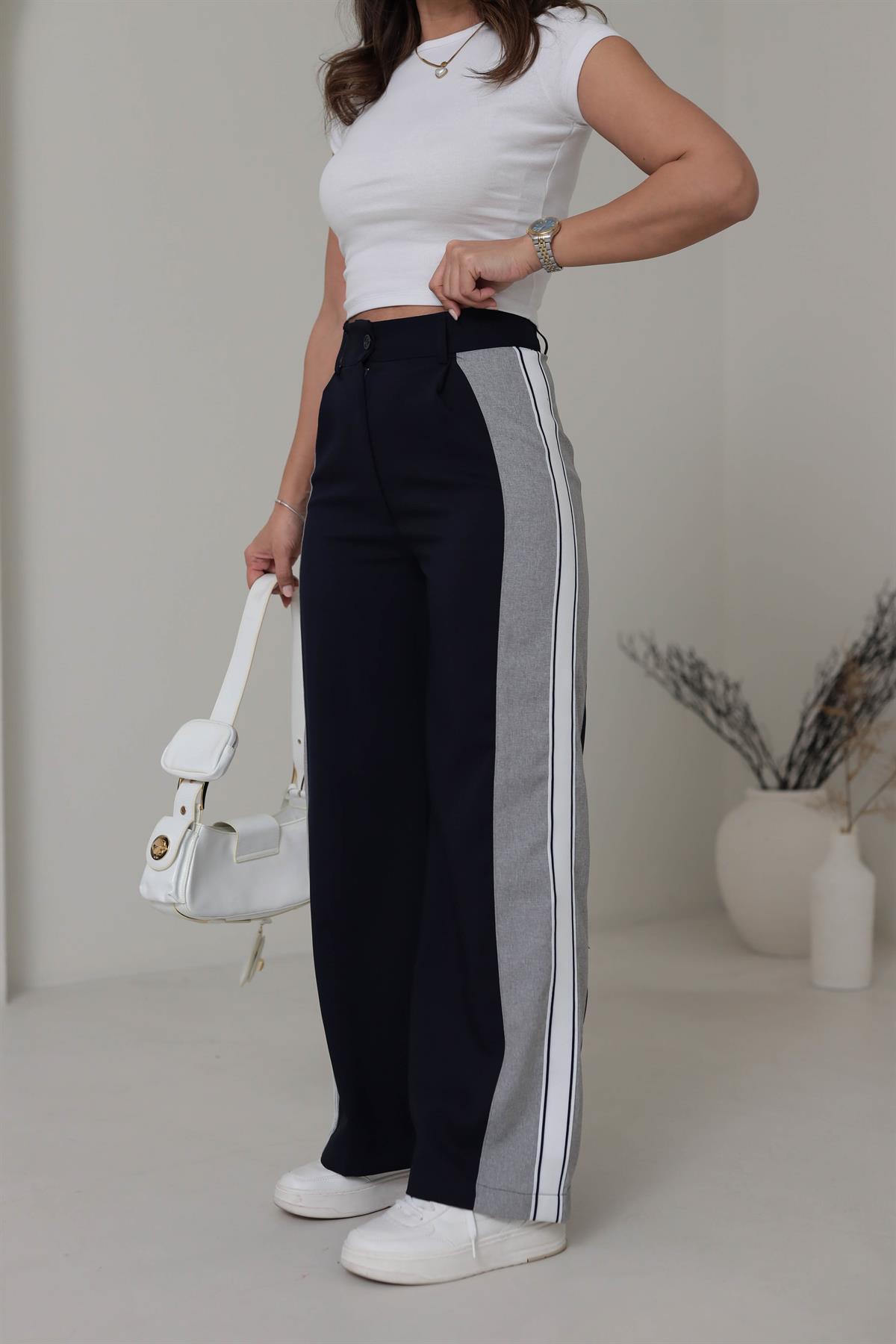 2000 Yanları Şerit Garnili Pantolon LACİVERT