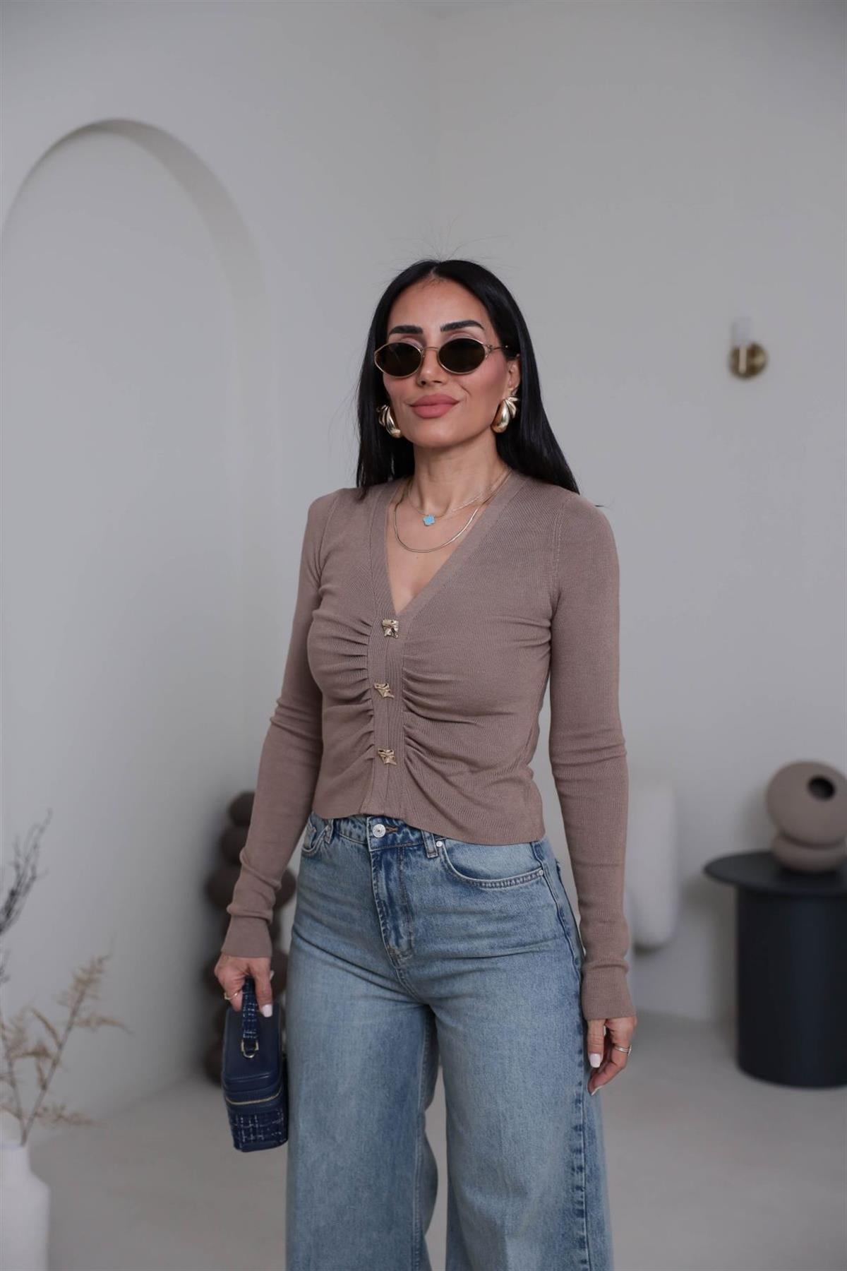 0805 Önü Büzgülü Düğme Detaylı Korsman Triko VİZON