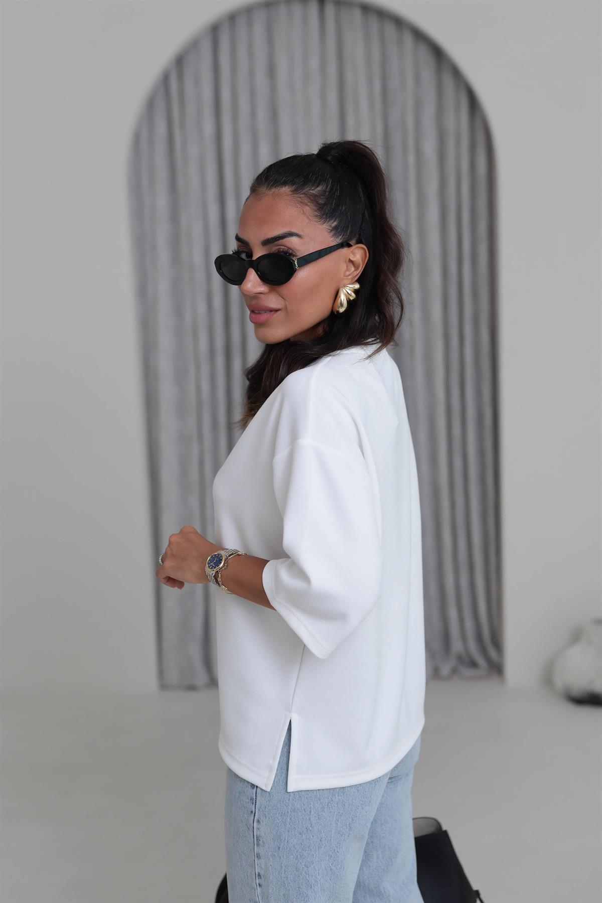 4783 Bisiklet Yaka Rahat Modal Cupra Tshirt BEYAZ