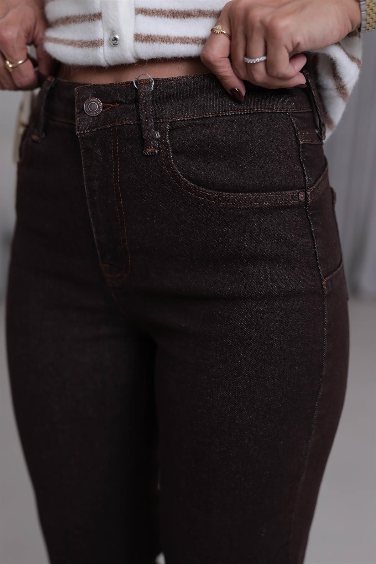 5695 Lazer Kesikli Push Up Düz Kesim Jean ACI KAHVE