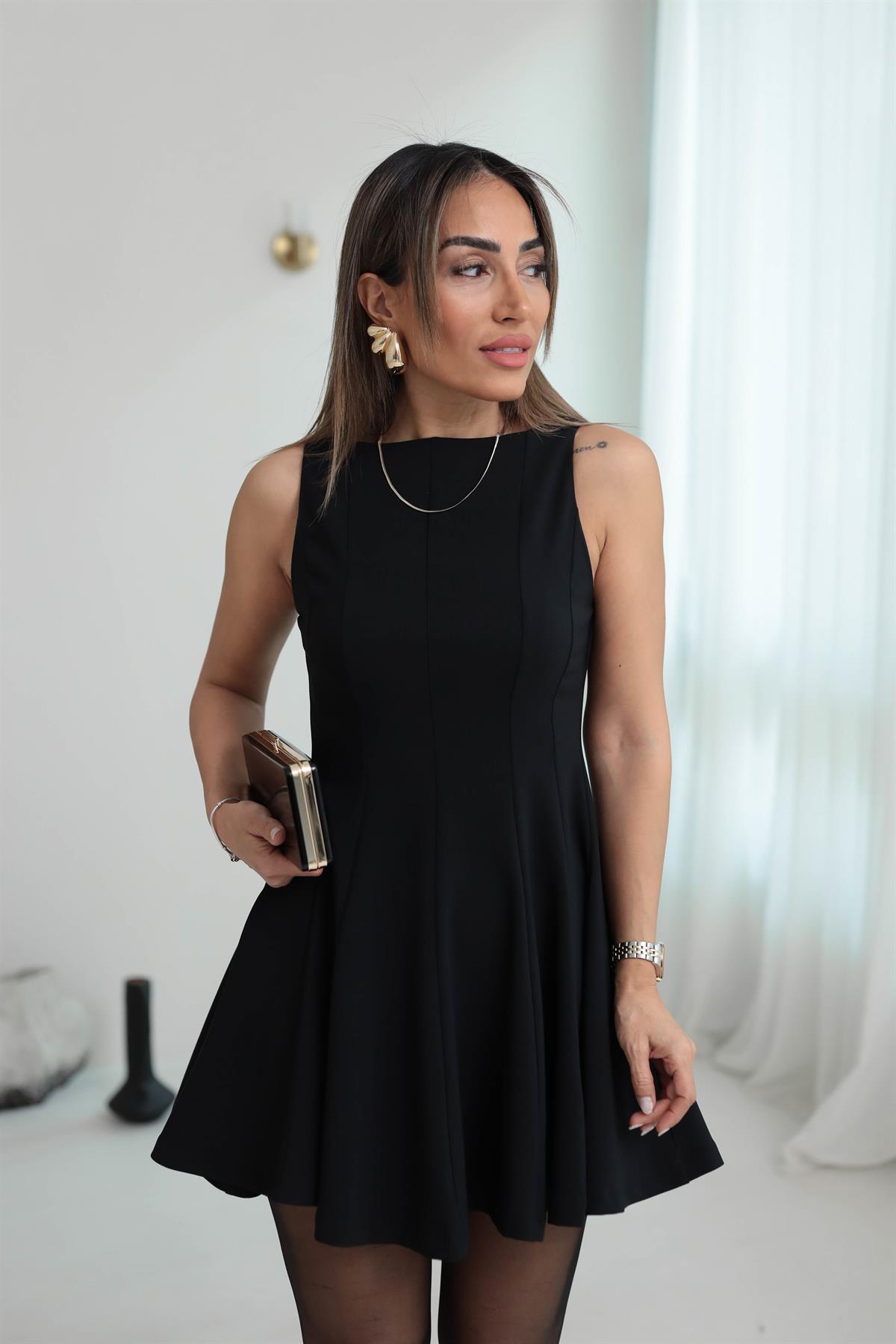 1098 Sıfır Kol Likralı Kloş Elbise SİYAH