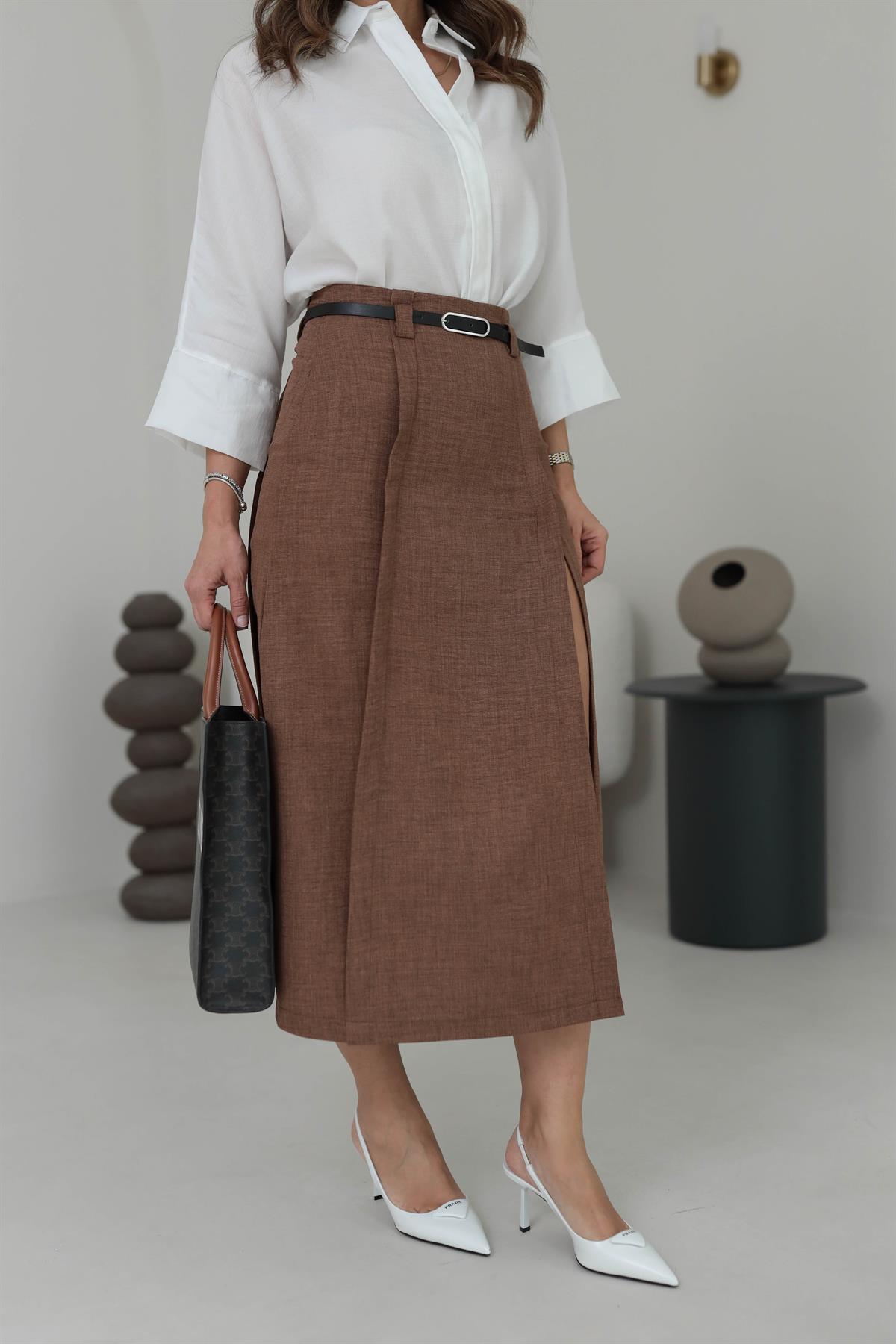 0268 Yırtmaç Detaylı Kemerli Midi Boy Etek KAHVE