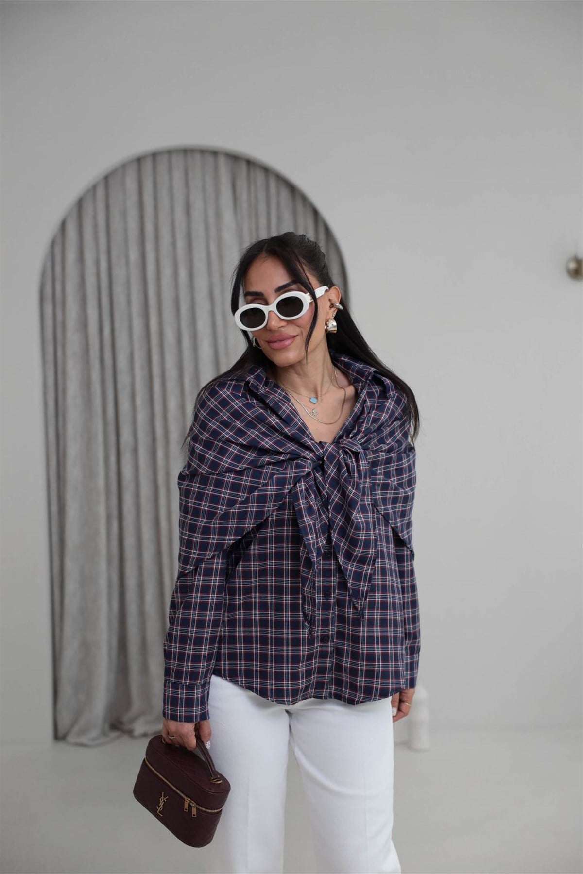 3231 Çıkarılabilir Şal Detaylı Ekose Gömlek KIRMIZI