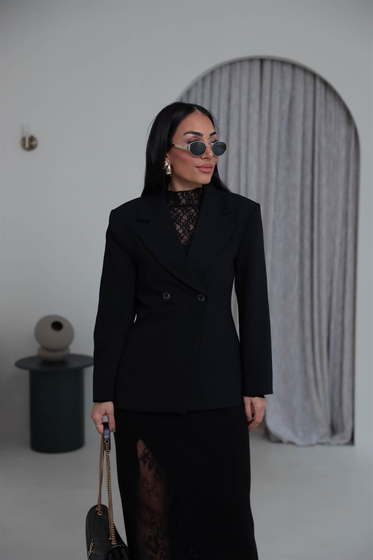 7685 Kruvaze Belden Oturtmalı Blazer Ceket SİYAH