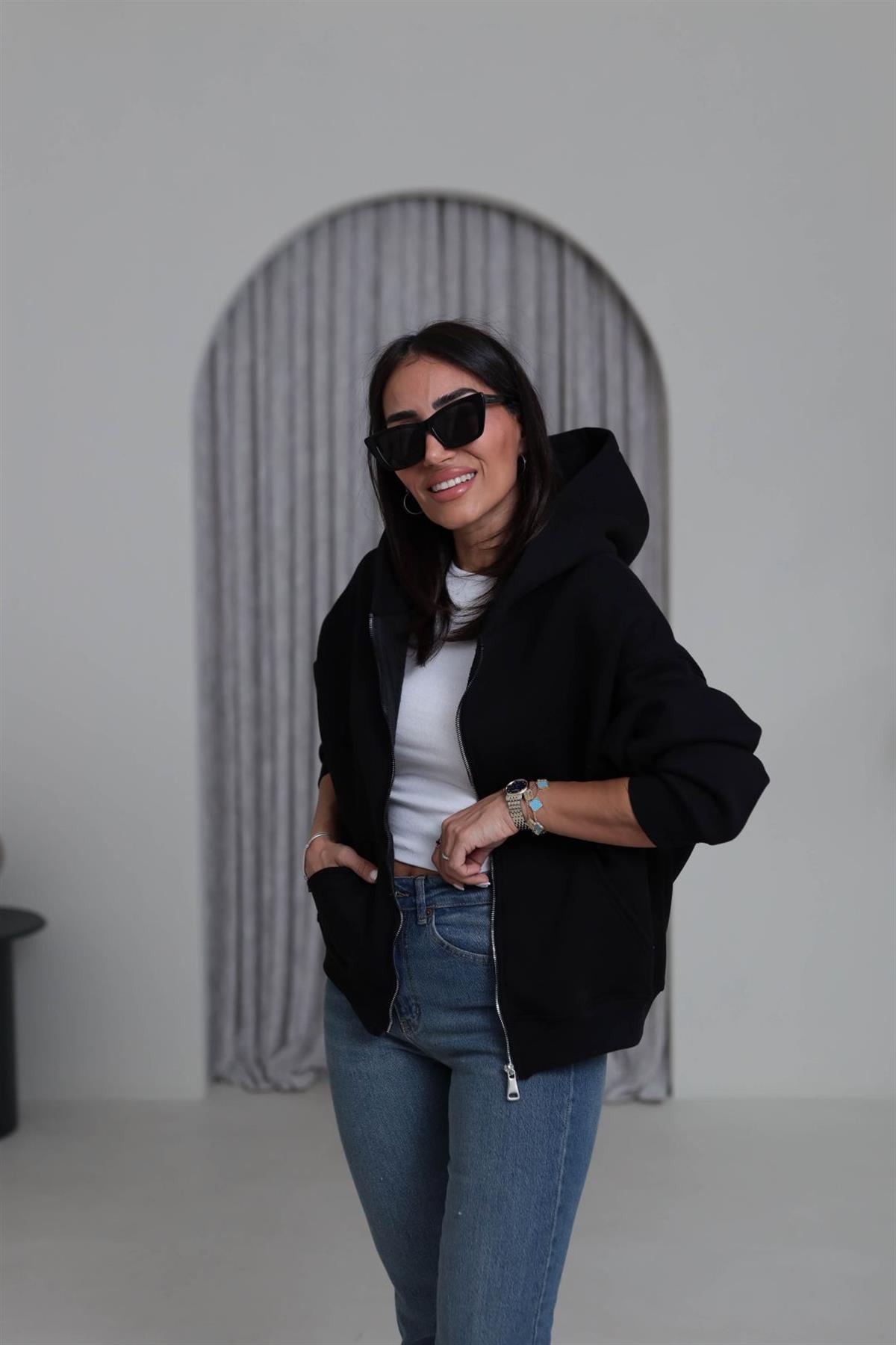 0822 Kapüşonlu Fermuarlı Şardonlu Sweatshirt SİYAH