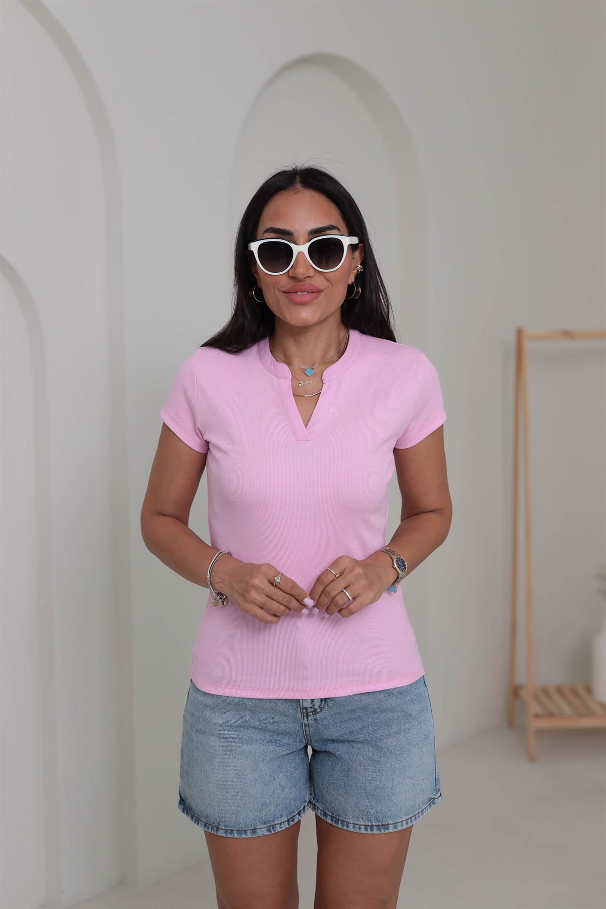 6773 Ribanalı V Yaka Kısa Kol Bluz PEMBE