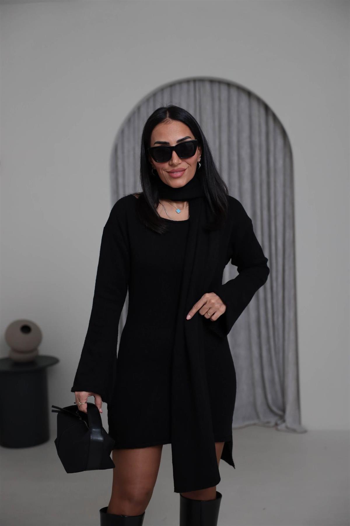 5251 Kayık Yaka Şallı Tunik SİYAH