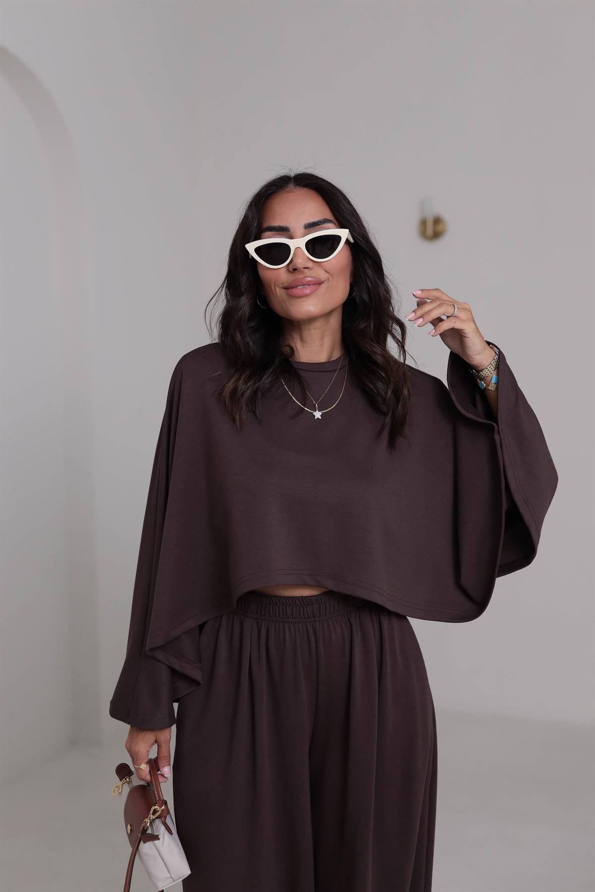 4025 Oys Yarasa Kollu Modal Takım KAHVE