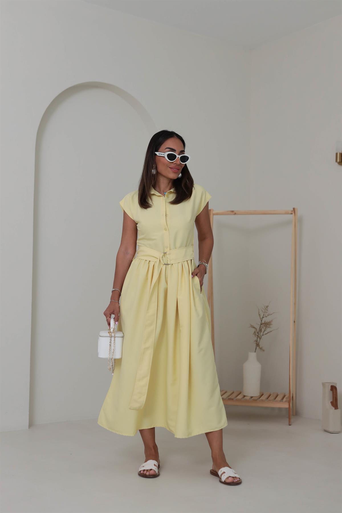 501 Polo Yaka Düğmeli Kuşaklı Uzun Elbise SARI