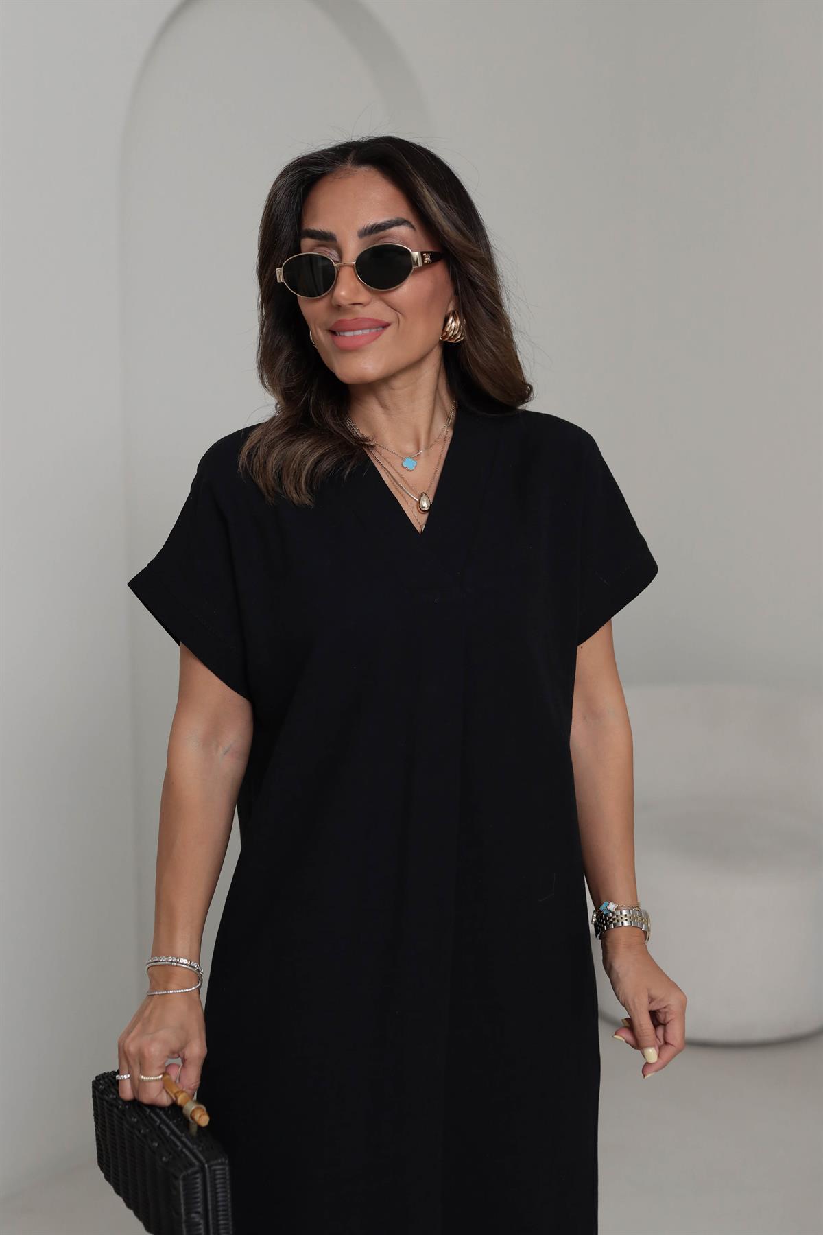 5998 V Yaka Rahat Terni Elbise SİYAH