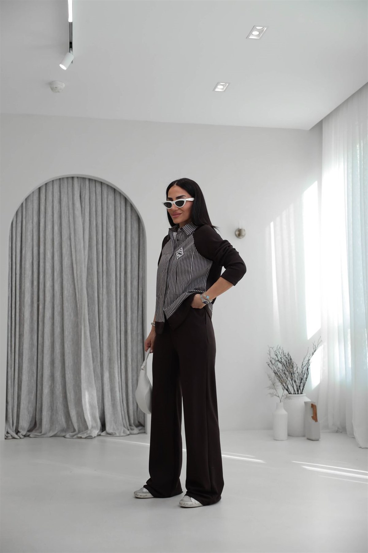 7145 Broşlu Gömlek Mixli Modal Takım KAHVE