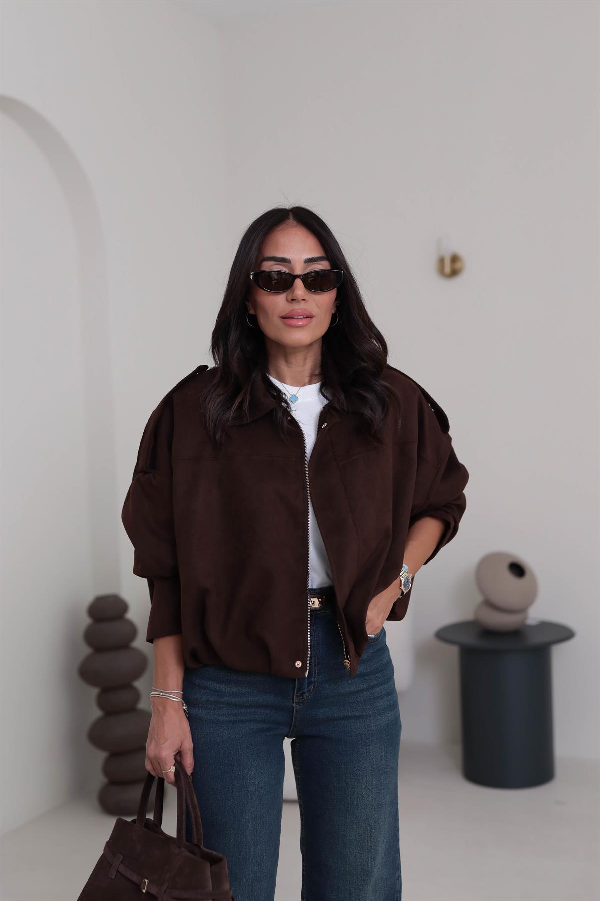 0493 Gömlek Yaka Apoletli Süet Bomber ACI KAHVE