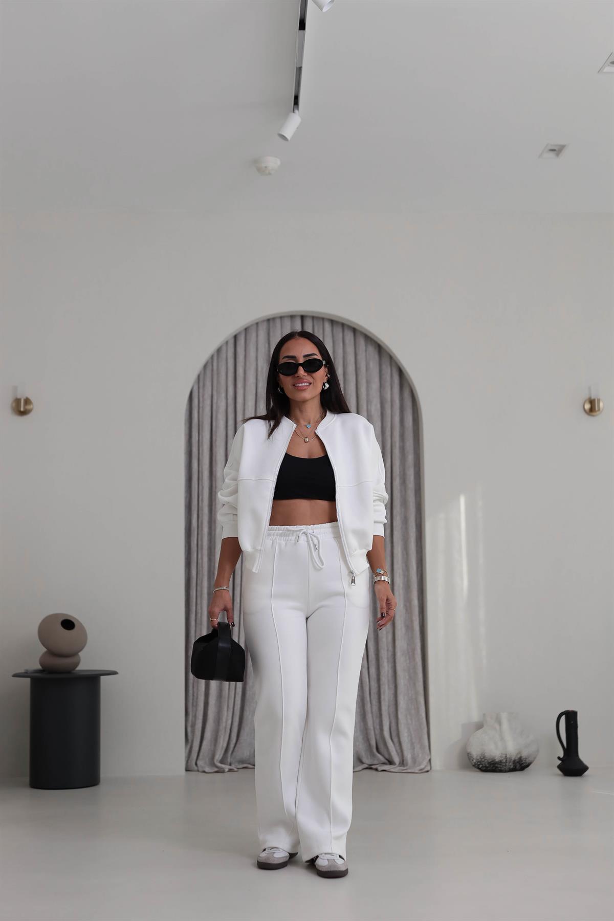 7085 Viral Bomber Ceketli 3 İplik Şardonlu Takım EKRU