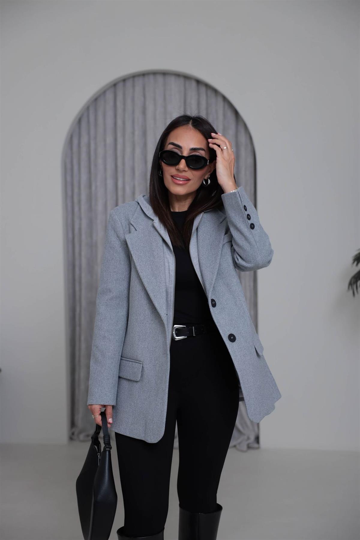 8733K Penye Kapşonlu Kaşe Ceket GRİ