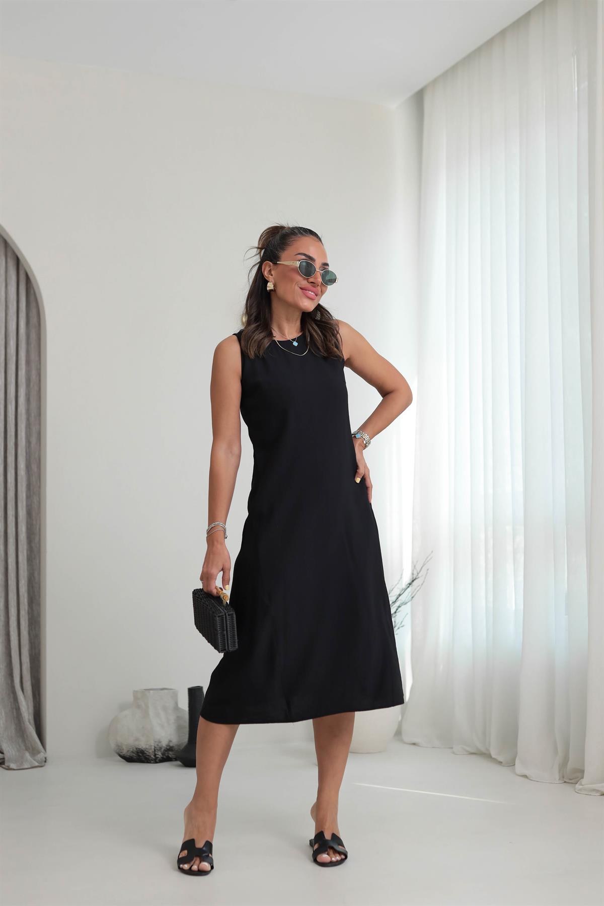 7633 Kolsuz Tiril Elbise SİYAH