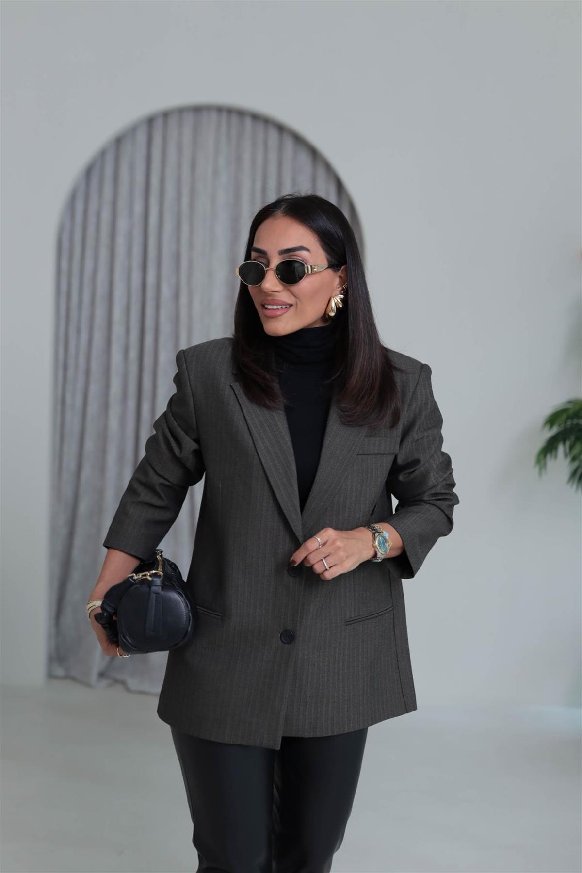 7255 Çift Düğmeli Balıksırtı Desenli Blazer Ceket KAHVE