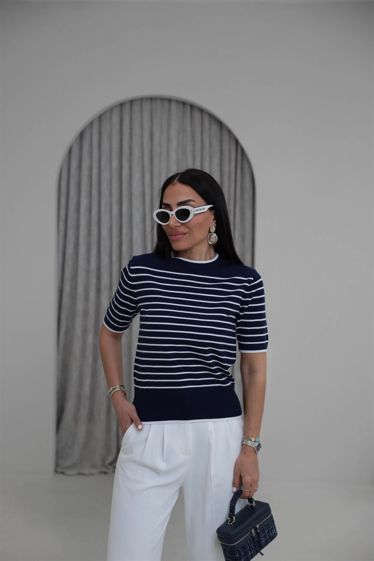 T-122 Çizgili Bisiklet Yaka Kısa Kol Triko Bluz LACİVERT