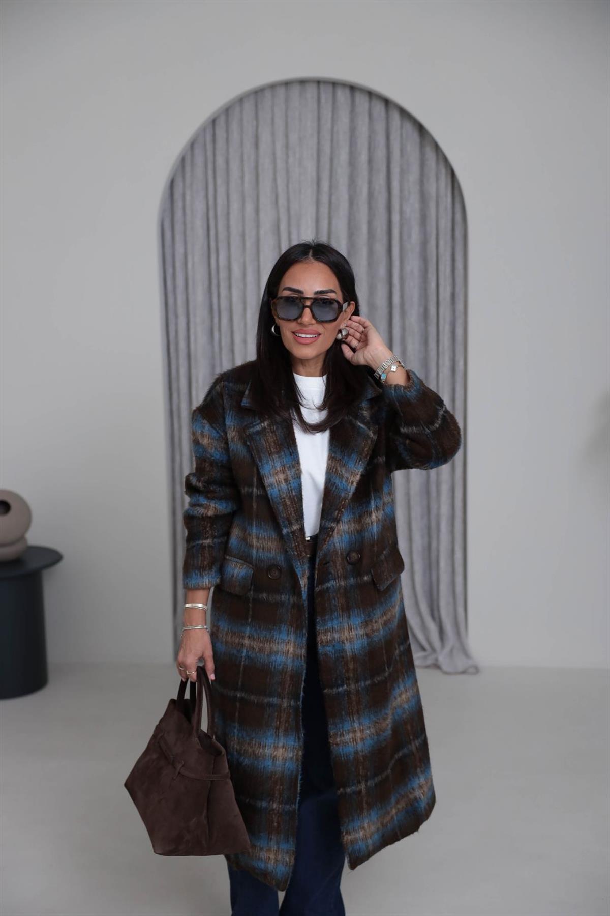 9751 Kare Desenli Yün Palto KAHVE