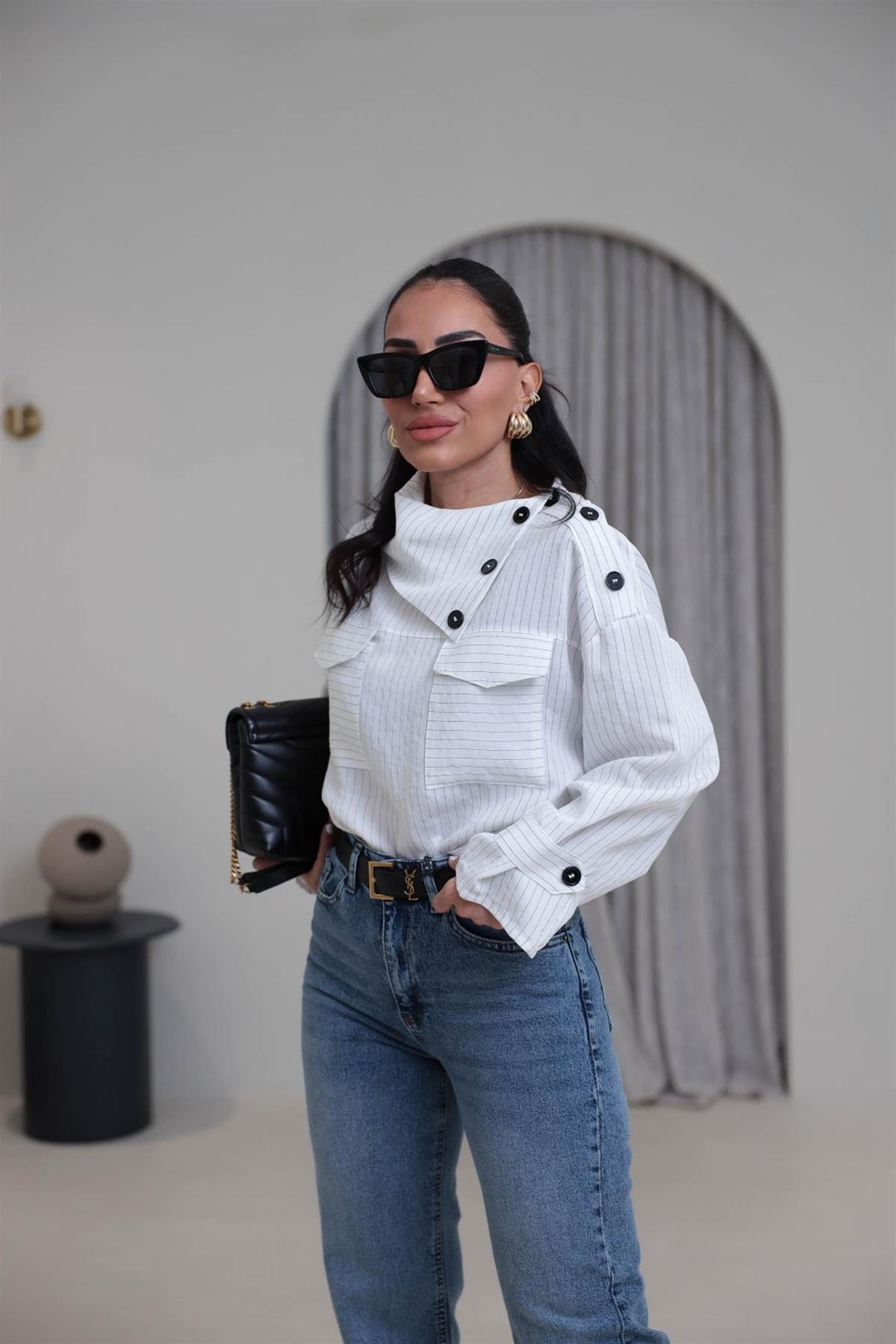 4067 Düğmeli Yaka Detay Çizgili Modal Gömlek BEYAZ
