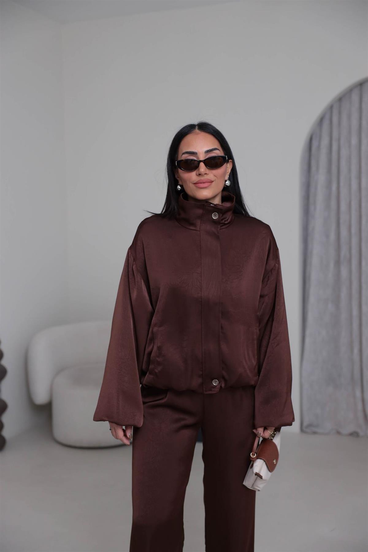 6800 Önden Fermuarlı Bomber Saten Takım KAHVE