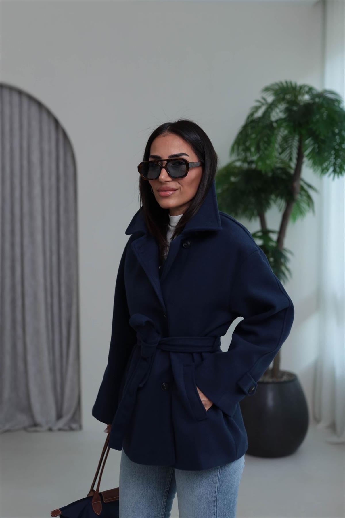 0646 Kuşaklı Yakalı Kaşe Kaban LACİVERT