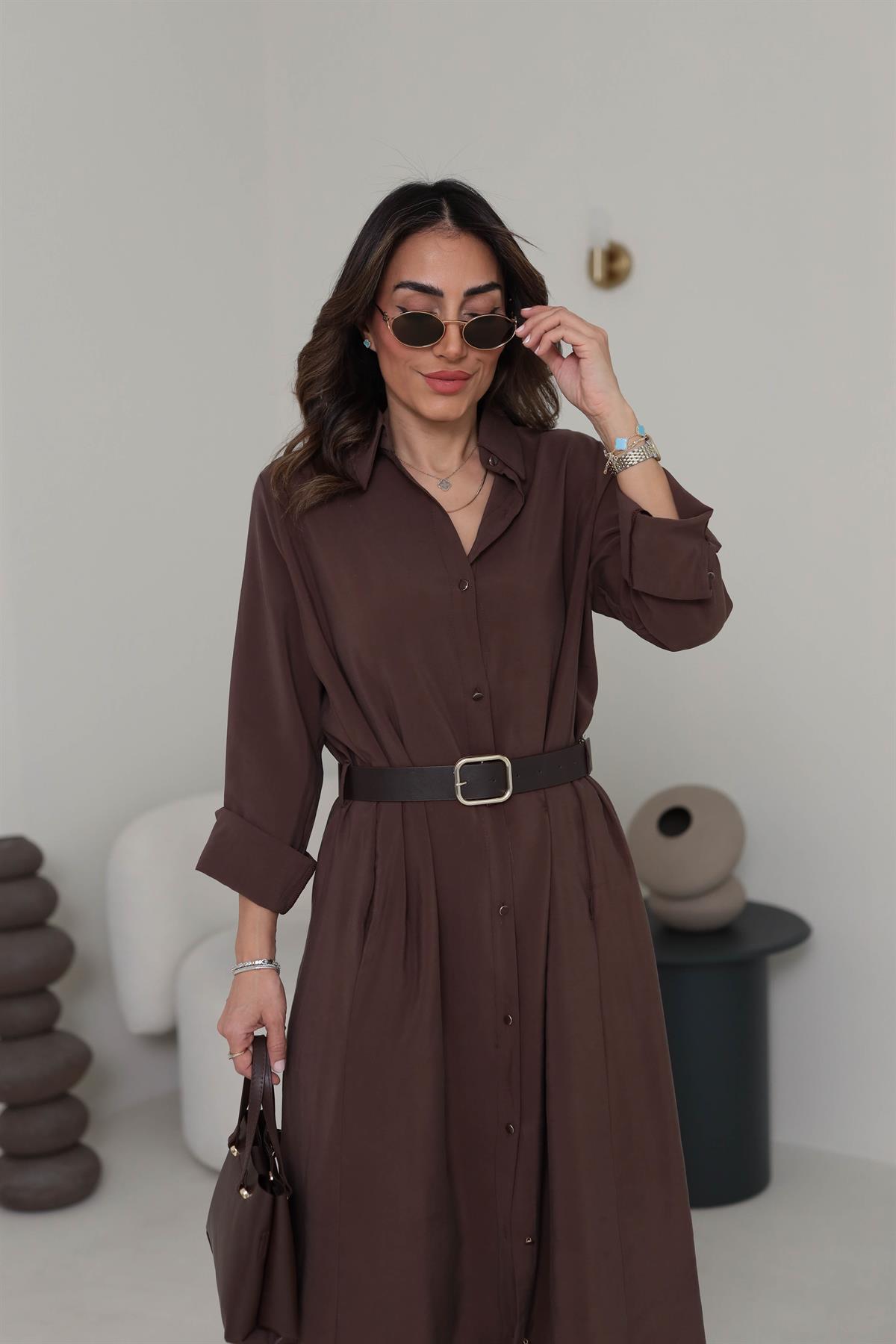 0286 Gold Düğmeli Tencel Gömlek Elbise KAHVE