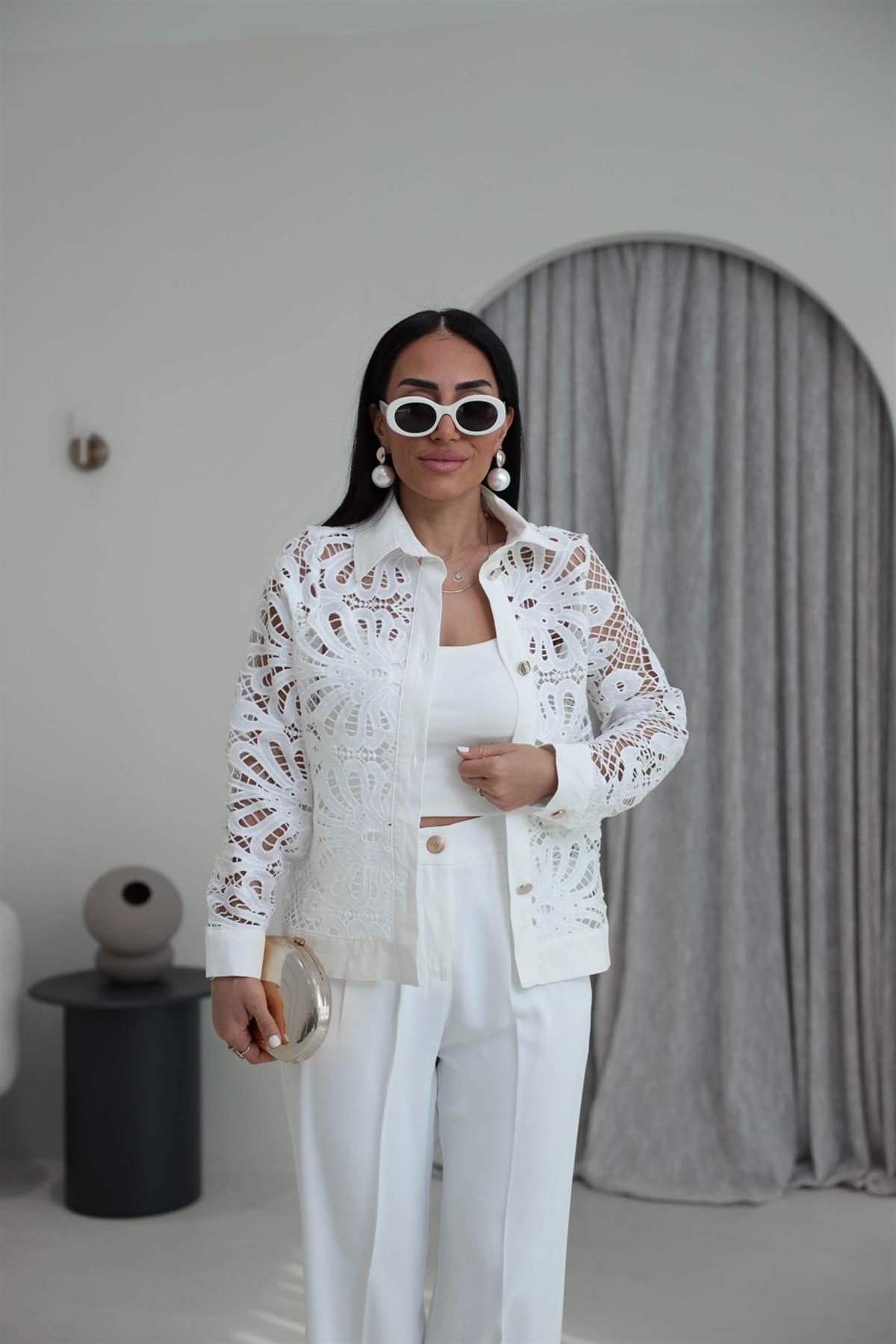 7201 Gold Düğmeli Poplin Garnili Dantelli Ceket EKRU