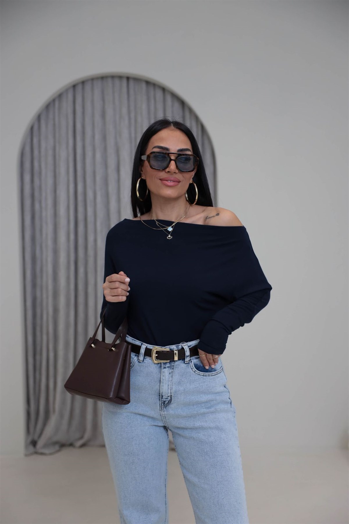 7221 Degaje Yaka Modal Bluz LACİVERT